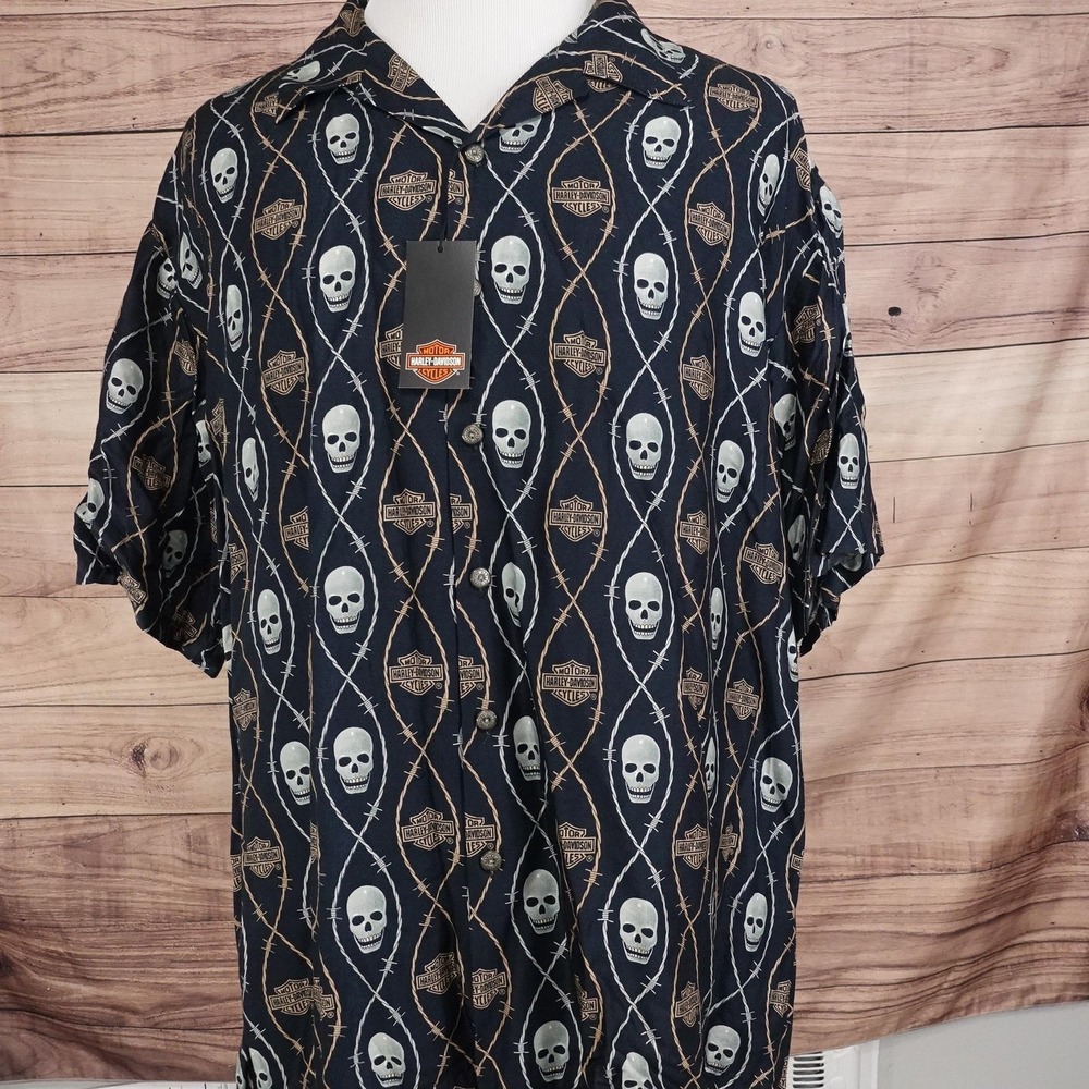 Harley-Davidson Shirt Mens 2XL Black Skull Hawaiian Button-Up Tori Richard - Picture 2 of 7
